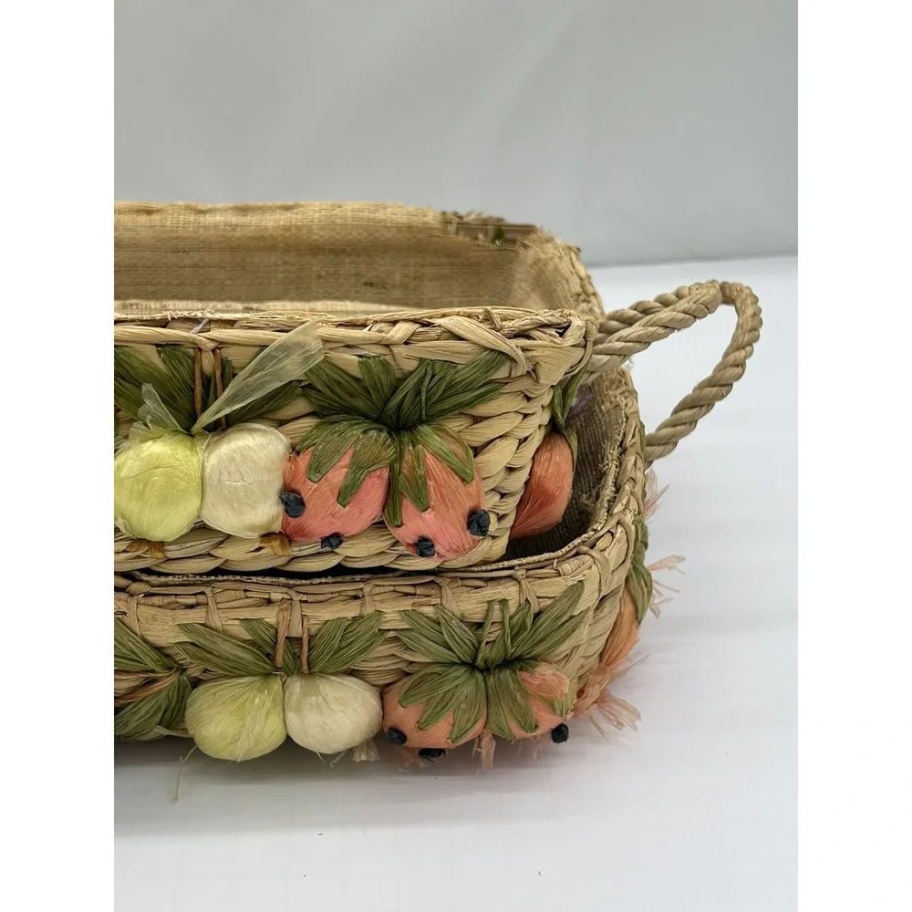 VTG Raffia Casserole Dish Carrier Basket Set of 2 with Anchor Hocking Glass Dish